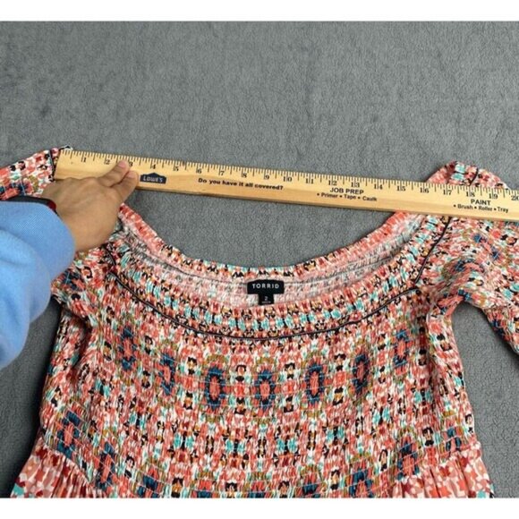 Torrid Size 2 Mini Dress With Smocking Bell Sleeves Tags Geometric,Casual.Beach - Picture 4 of 14